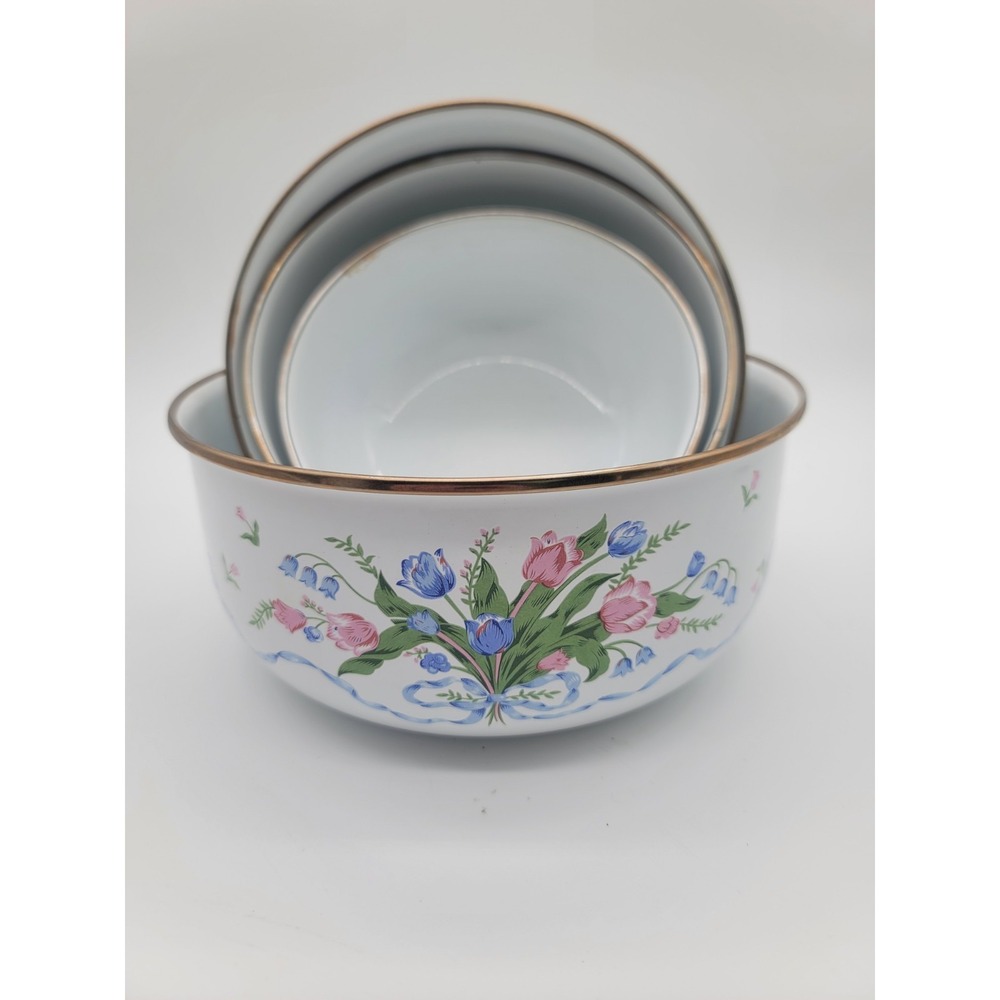Vintage French Fleur Enamel Nesting Bowls Floral Set of 4 Gold Rim Cottagecore